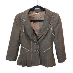 Bebe Cropped Peplum Brown Blazer Size 2 Tan Pipping Structured Single Breasted